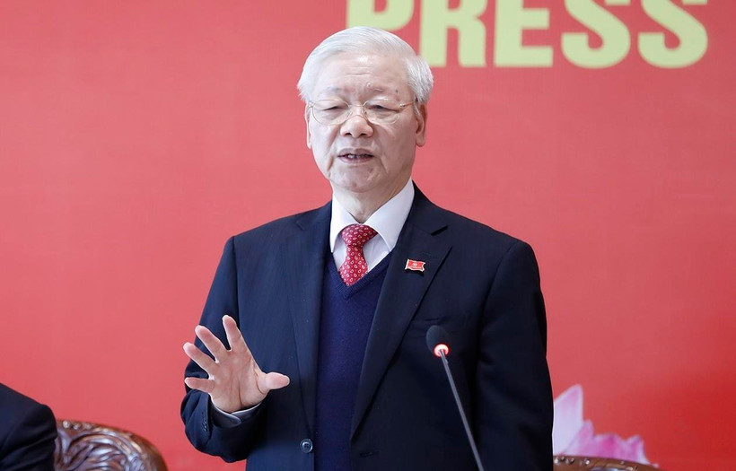 Đồng chí Nguyễn Phú Trọng, Tổng Bí thư Ban Chấp hành Trung ương Đảng khóa XIII, Chủ tịch nước CHXHCN Việt Nam chủ trì họp báo. (Ảnh: TTXVN)