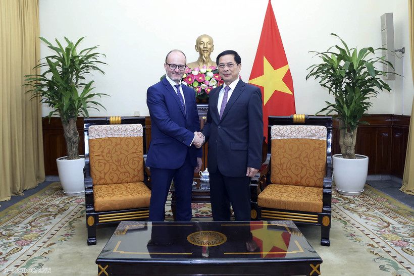 Bộ trưởng Bùi Thanh Sơn đón tiếp Quốc vụ khanh về Ngoại giao và các vấn đề toàn cầu Tây Ban Nha Diego Martinez Belío. (Nguồn: Baoquocte.vn)