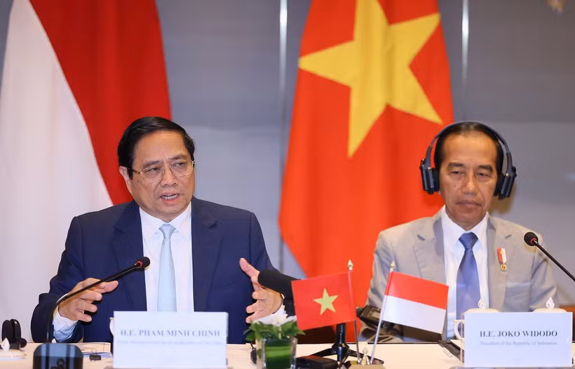 Thủ tướng Phạm Minh Chính và Tổng thống Indonesia Joko Widodo chủ trì Đối thoại doanh nghiệp cấp cao Việt Nam-Indonesia. (Ảnh: Dương Giang/TTXVN)