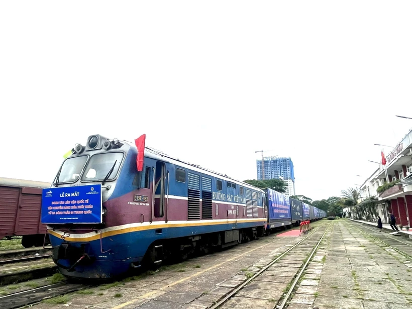 Đoàn tàu liên vận quốc tế vận chuyển hàng hóa xuất khẩu từ ga Sóng Thần đi Trung Quốc. (Ảnh: Huyền Trang/TTXVN)