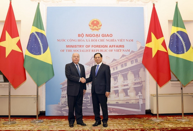 Bộ trưởng Ngoại giao Bùi Thanh Sơn và Bộ trưởng Ngoại giao Brazil Mauro Vieira chụp ảnh chung. (Ảnh: Doãn Tấn/TTXVN)