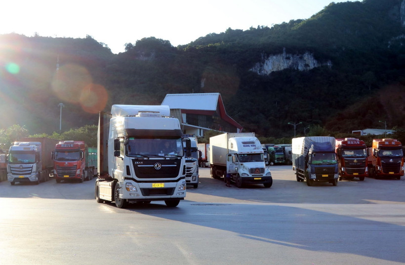 Xe vận chuyển hàng hóa chờ thông quan qua Cửa khẩu Quốc tế Hữu nghị, thị trấn Đồng Đăng, huyện Cao Lộc, tỉnh Lạng Sơn. (Ảnh: Văn Đạt/TTXVN)