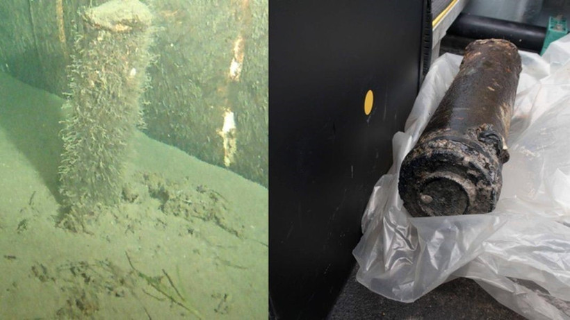 Vật thể hình trụ gần đường ống dẫn khí đốt Dòng chảy phương Bắc 2 dưới biển Baltic được Đan Mạch trục vớt tháng 3/2023. (Ảnh: Polish News/TTXVN)