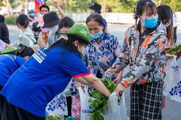 Lực lượng thanh niên tình nguyện thuộc Đoàn trường Đại học Thủ Dầu Một, Bình Dương, tham gia phát miễn phí rau xanh cho bà con vùng cách ly. (Ảnh: Chí Tưởng/TTXVN)