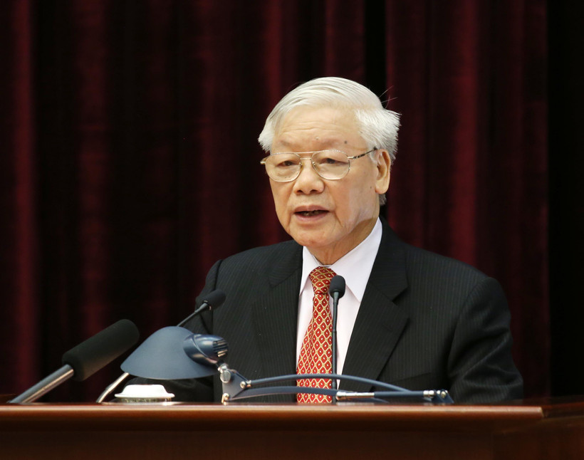 Tổng Bí thư, Chủ tịch nước Nguyễn Phú Trọng phát biểu bế mạc hội nghị. (Ảnh: Phương Hoa/TTXVN)