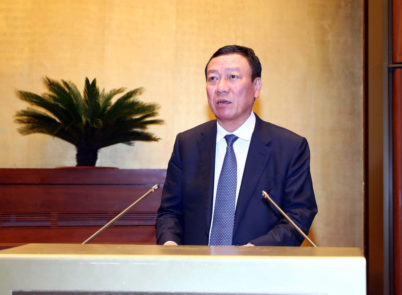 Tổng Thanh tra Chính phủ Đoàn Hồng Phong trình bày Báo cáo về công tác phòng, chống tham nhũng năm 2022. (Ảnh: Phạm Kiên/TTXVN)