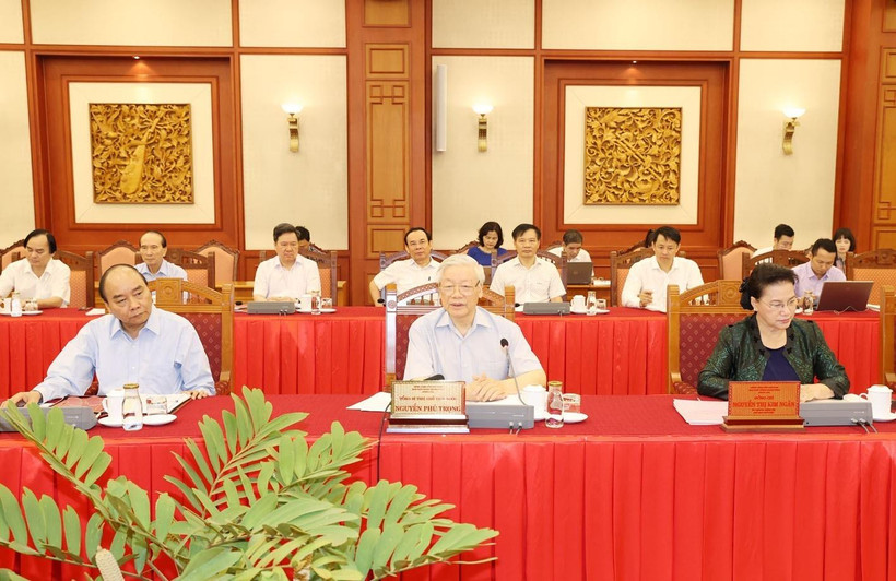 Tổng Bí thư, Chủ tịch nước Nguyễn Phú Trọng phát biểu chỉ đạo tại buổi làm việc với Ban Thường vụ Thành ủy Hà Nội. (Ảnh: Trí Dũng/TTXVN)