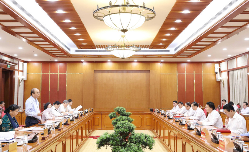 Đồng chí Nguyễn Xuân Phúc, Ủy viên Bộ Chính trị, Thủ tướng Chính phủ phát biểu tại cuộc làm việc với Ban Thường vụ Tỉnh uỷ Hà Giang. (Ảnh: Thống Nhất - TTXVN)