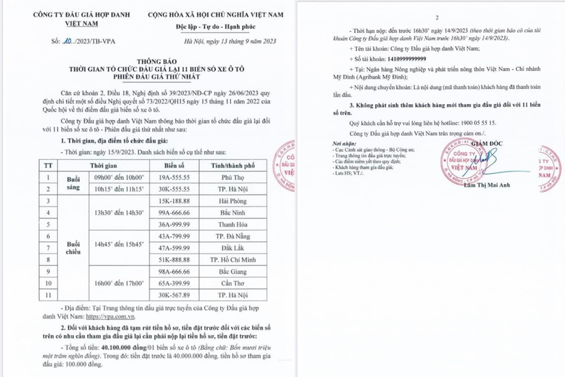 Công ty Đấu giá hợp danh Việt Nam đưa ra văn bản thông báo mở lại phiên đấu giá biển số đẹp vào ngày 15/9. (Ảnh minh họa)