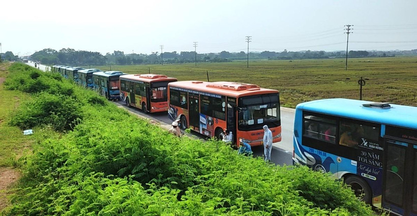 Đoàn xe buýt của Transerco tại khu vực chốt kiểm soát dịch số 1 Pháp Vân-Cầu Giẽ đã hỗ trợ đưa khoảng 1.900 người dân về quê. (Ảnh: CTV/Vietnam+)