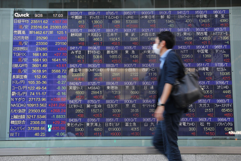 Bảng chỉ số chứng khoán tại Tokyo, Nhật Bản. (Ảnh: THX/ TTXVN)