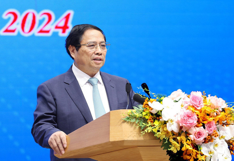 Thủ tướng Phạm Minh Chính phát biểu tại cuộc đối thoại với thanh niên năm 2024. (Ảnh: Dương Giang/TTXVN)