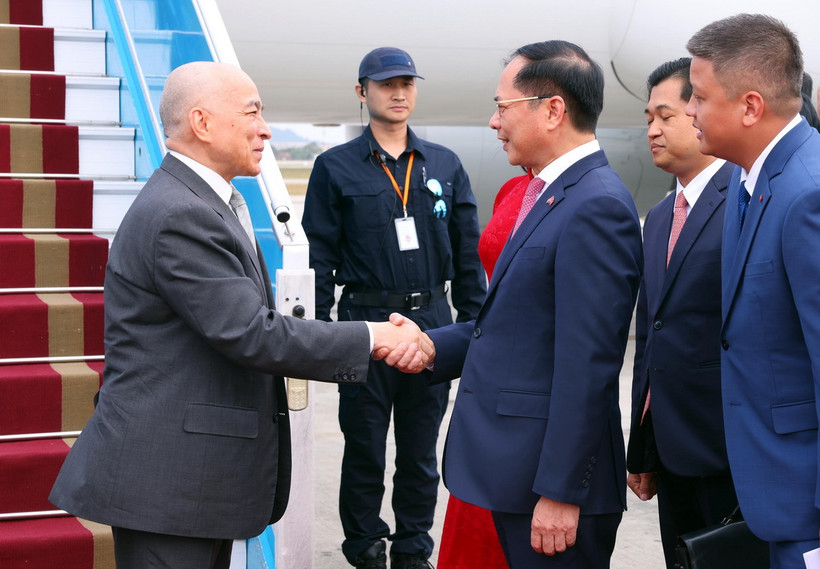 Phó Thủ tướng, Bộ trưởng Ngoại giao Bùi Thanh Sơn đón Quốc vương Campuchia Norodom Sihamoni tại Sân bay quốc tế Nội Bài, Hà Nội. (Ảnh: Phạm Kiên/TTXVN)