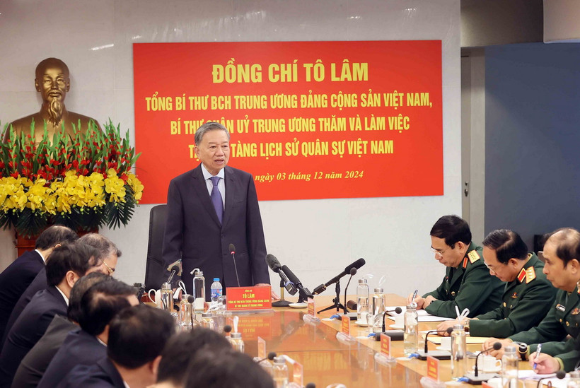 Tổng Bí thư Tô Lâm, Bí thư Quân ủy Trung ương phát biểu tại buổi làm việc. (Ảnh: An Đăng/TTXVN)
