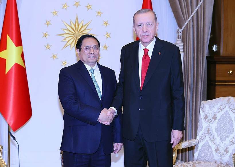 Thủ tướng Phạm Minh Chính hội kiến Tổng thống Thổ Nhĩ Kỳ Recep Tayyip Erdogan. (Ảnh: Dương Giang/TTXVN)