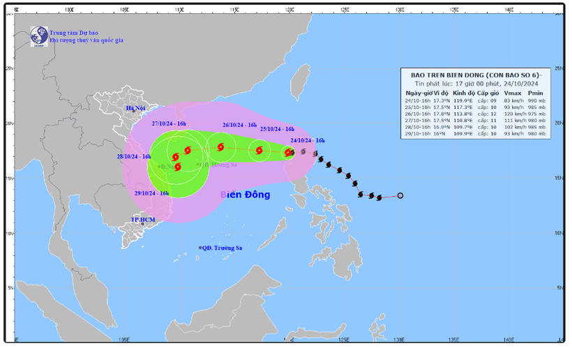 Hình ảnh về hướng di chuyển của cơn bão số 6. (Nguồn: Tổng cục Khí tượng Thủy văn)