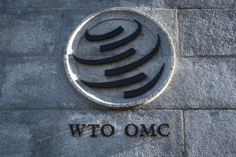 Biểu tượng của Tổ chức Thương mại thế giới (WTO) tại trụ sở ở Geneva, Thuỵ Sĩ. (Ảnh: AFP/TTXVN) 