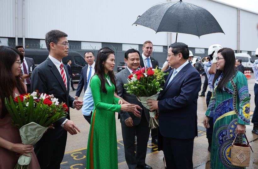 Cán bộ, nhân viên Đại sứ quán Việt Nam tại Brazil đón Thủ tướng Phạm Minh Chính và Phu nhân. (Ảnh: Dương Giang/TTXVN)