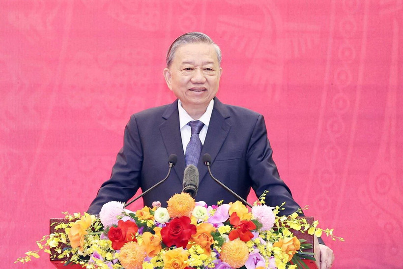 Tổng Bí thư Tô Lâm phát biểu tại lễ kỷ niệm 75 năm Ngày truyền thống Ban Đối ngoại Trung ương. (Ảnh: TTXVN)