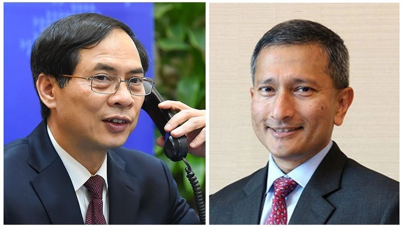 Bộ trưởng Ngoại giao Bùi Thanh Sơn điện đàm với Bộ trưởng Ngoại giao Singapore Vivian Balakrishnan. (Ảnh: TTXVN phát)