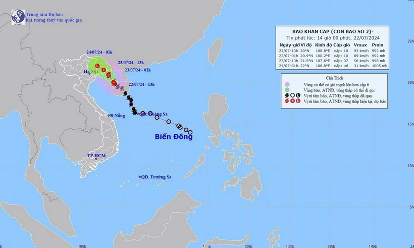 Hướng và đường đi của bão số 2, chiều 22/7/2024. (Ảnh: TTXVN phát)