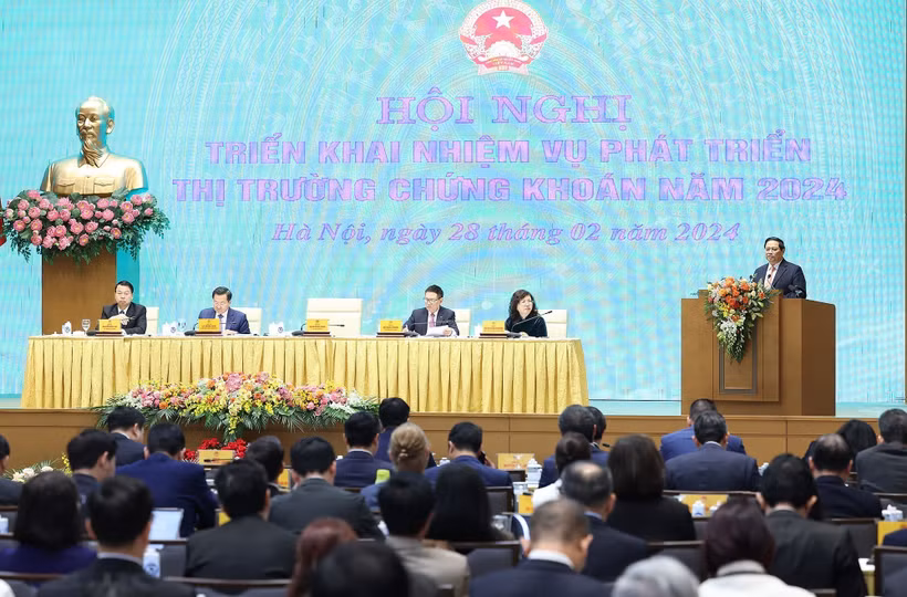 Hội nghị Triển khai Nhiệm vụ phát triển thị trường chứng khoán năm 2024, ngày 28/2. (Ảnh: TTXVN)