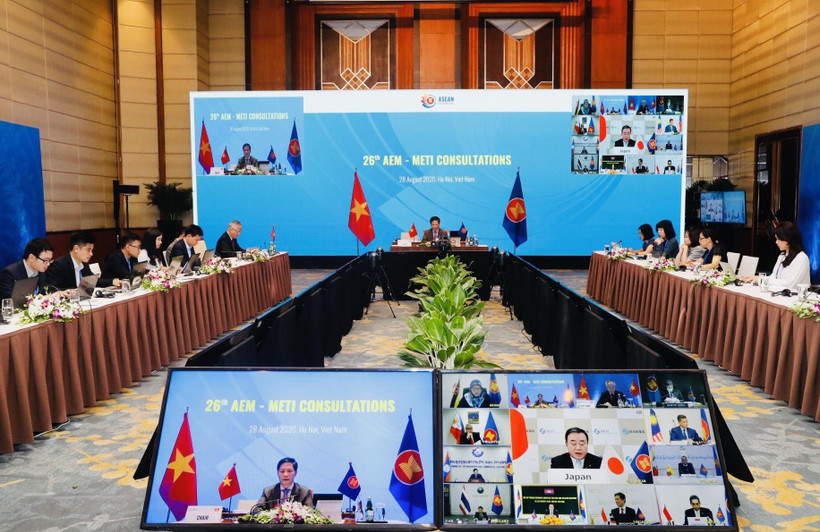 Quang cảnh Hội nghị tham vấn Bộ trưởng Kinh tế ASEAN-Nhật Bản lần thứ 26. (Ảnh: Trần Việt/TTXVN)