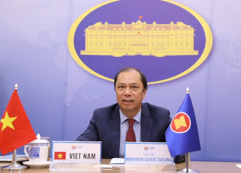 Thứ trưởng Bộ Ngoại giao Nguyễn Quốc Dũng, Trưởng SOM ASEAN chủ trì Đối thoại thường niên cấp Thứ trưởng Ngoại giao lần thứ 33 giữa ASEAN và Hoa Kỳ theo hình thức trực tuyến. (Ảnh: Văn Điệp/TTXVN)