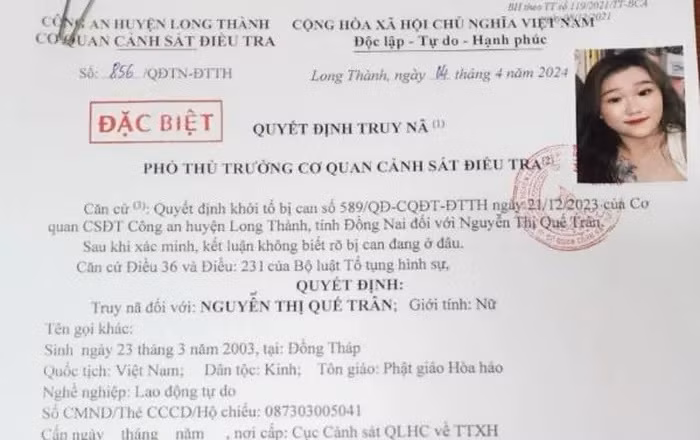 Quyết định truy nã đối tượng Nguyễn Thị Quế Trân trước đó.