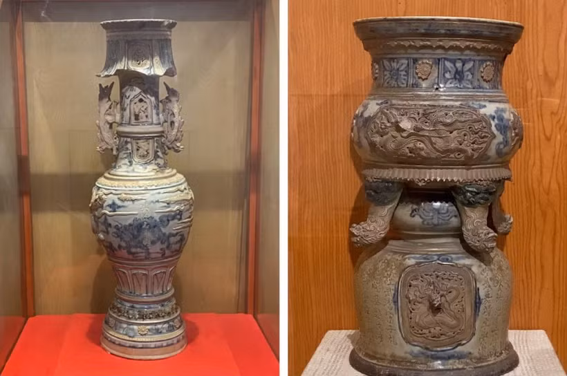 Bảo vật Quốc gia Bộ chân đèn và lư hương gốm men thời Mạc trưng bày tại Bảo tàng tỉnh Nam Định. (Ảnh: Bích Hằng/Vietnam+)