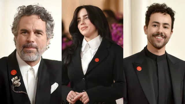 Các diễn viên Mark Ruffalo, Billie Eilish và Ramy Youssef đeo ghim “Ngừng bắn” khi xuất hiện trên thảm đỏ Oscar 2024. (Ảnh: AP)