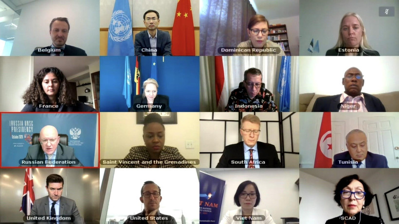 Đại diện các nước thành viên Hội đồng Bảo an Liên hợp quốc họp trực tuyến thông qua Nghị quyết số 2548 gia hạn hoạt động của Phái bộ Liên hợp quốc tại Tây Sahara (MINURSO), ngày 30/10/2020. (Ảnh: Hữu Thanh/TTXVN)