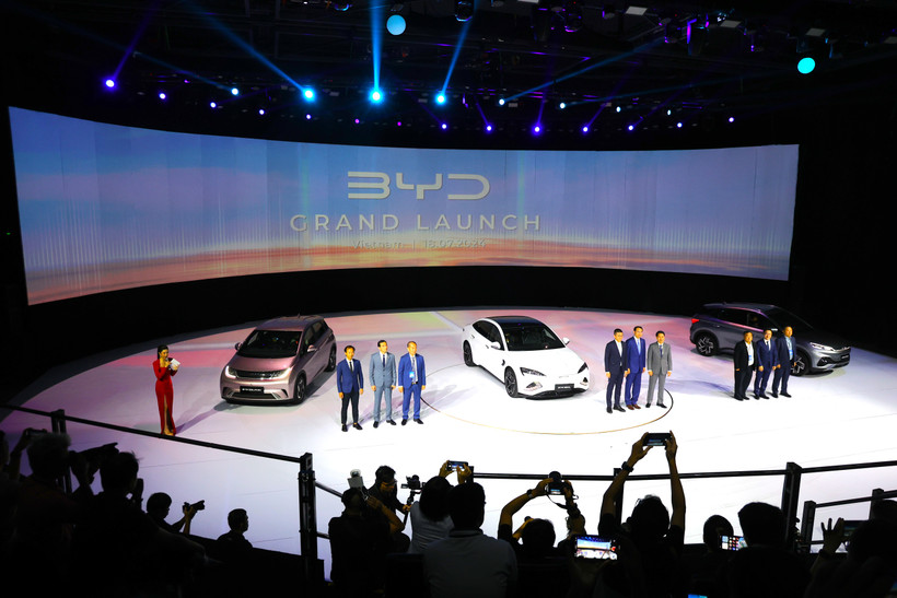 Thương hiệu xe điện BYD ra mắt thị trường Việt Nam trong ngày 18/7 tại Thành phố Hồ Chí Minh. (Ảnh: Minh Hiếu/Vietnam+)