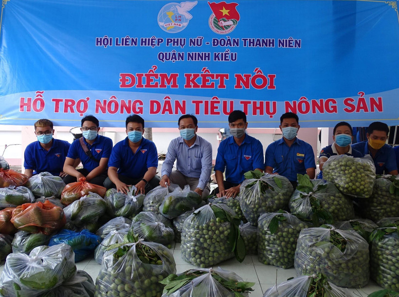 Đoàn Thanh niên thành phố Cần Thơ chung tay hỗ trợ nông dân tiêu thụ nông sản. (Ảnh: Ánh Tuyết/TTXVN)