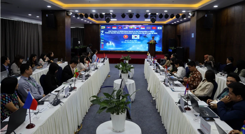Quang cảnh phiên bế mạc Hội nghị Chuyển đổi Quy tắc mặt hàng trong khuôn khổ Hiệp định Thương mại tự do ASEAN-Hàn Quốc năm 2024 (Ảnh: TTXVN phát)