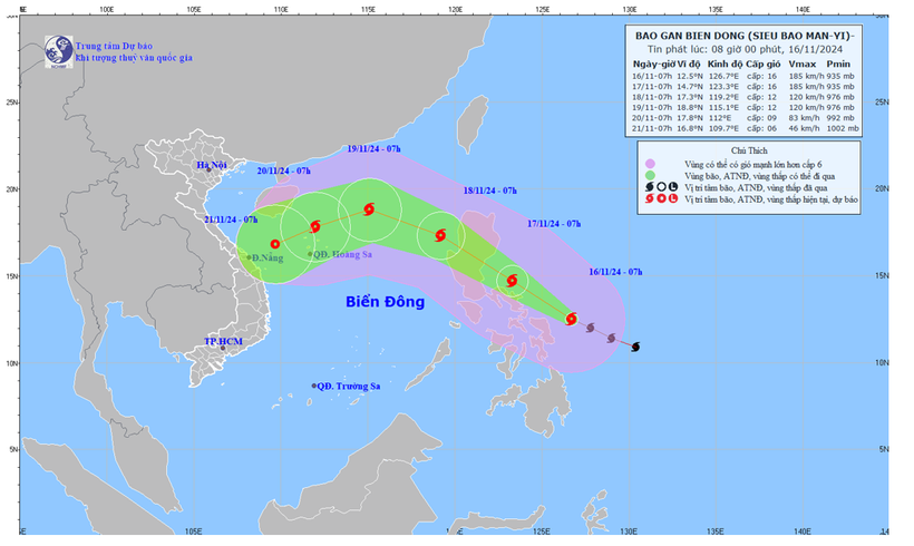 Đường đi của siêu bão Man-yi lúc 8 giờ ngày 16/11/2024. (Nguồn: Tổng cục KTTV)
