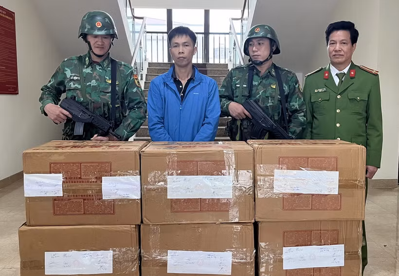 Đối tượng Trần Anh Sơn cùng tang vật bị lực lượng chức nằng bắt giữ. (Ảnh: Quốc Khánh/TTXVN)