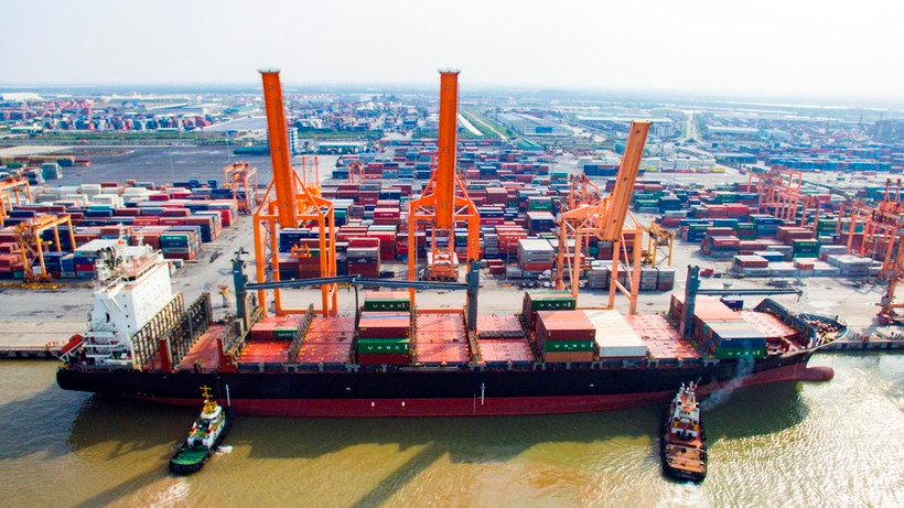 Bốc xếp hàng hóa container tại cảng biển Hải Phòng. (Ảnh: CTV/Vietnam+)