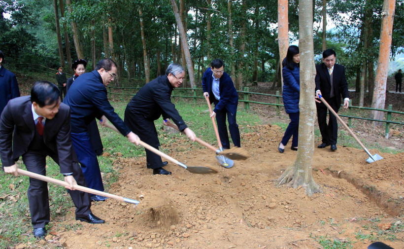 Ông Trần Quốc Vượng, Ủy viên Bộ Chính trị, Thường trực Ban Bí thư trồng cây lưu niệm tại Khu di tích Khuân Điển, xã Kim Quan, huyện Yên Sơn, tỉnh Tuyên Quang. (Ảnh: Quang Cường/TTXVN)