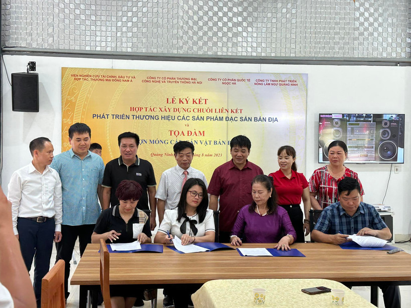 Tham gia Lễ ký kết gồm có đại diện đến từ SEAFIT, Công ty cổ phần Quốc tế Ngọc Hà, Công ty cổ phần Thương mại, Công nghệ và Truyền thông Hà Nội, Công ty trách nhiệm hữu hạn Phát triển Nông Lâm Ngư Quảng Ninh. (Ảnh: PV/Vietnam+)