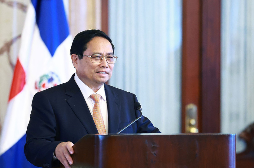 Thủ tướng Phạm Minh Chính phát biểu trước báo chí. (Ảnh: Dương Giang/TTXVN)