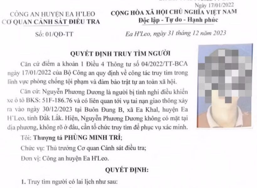 Văn bản về việc truy tìm đối tượng Nguyễn Phương Dương.