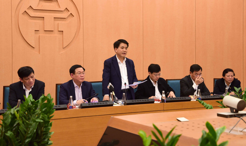 Chủ tịch UBND TP Hà Nội Nguyễn Đức Chung, Trưởng Ban Chỉ đạo phòng, chống dịch COVID-19 thành phố Hà Nội phát biểu. (Ảnh: Doãn Tấn/TTXVN)
