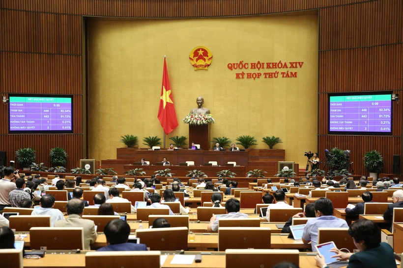 Chiều 22/11/2019, các Đại biểu Quốc hội biểu quyết thông qua Luật Dân quân tự vệ (sửa đổi) với 443/446 phiếu tán thành, chiếm 91,72%. (Ảnh: Dương Giang/TTXVN)