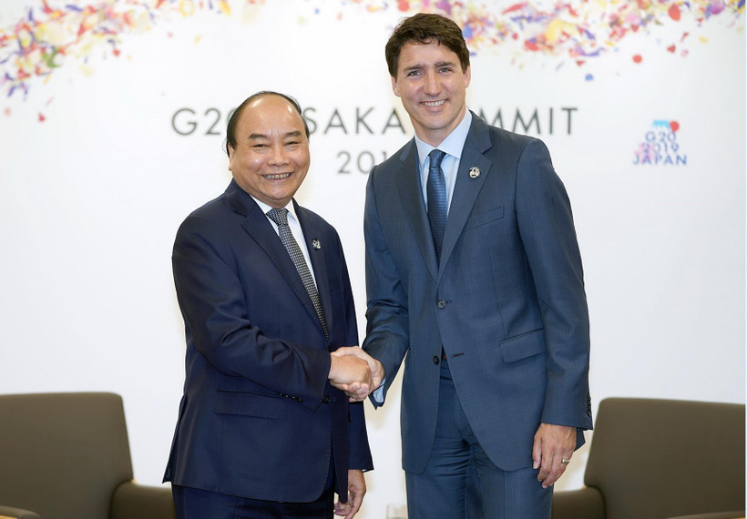 Thủ tướng Nguyễn Xuân Phúc gặp Thủ tướng Canada Justin Trudeau. (Ảnh: Thống Nhất/TTXVN)