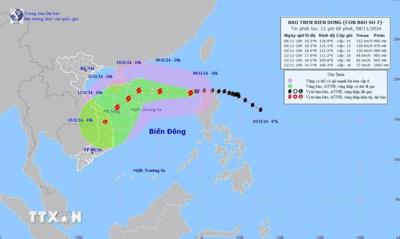 Đường đi của bão số 7 lúc 10h ngày 8/11/2024. (Ảnh: TTXVN phát)