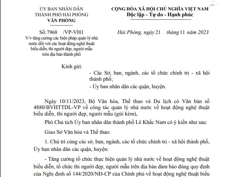 Văn bản của UBND thành phố Hải Phòng.