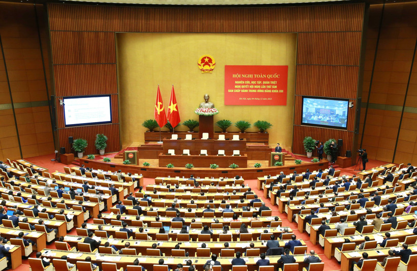 Hội nghị Toàn quốc nghiên cứu, học tập, quán triệt Nghị quyết Trung ương 8, khóa XIII. (Ảnh: Phương Hoa/TTXVN)