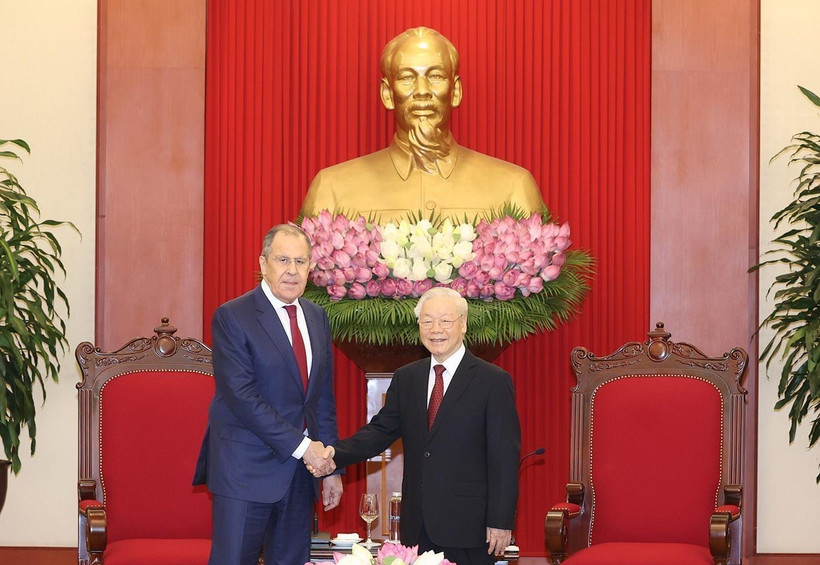 Tổng Bí thư Nguyễn Phú Trọng tiếp Bộ trưởng Ngoại giao Liên bang Nga Sergey Lavrov. (Ảnh: Trí Dũng/TTXVN)