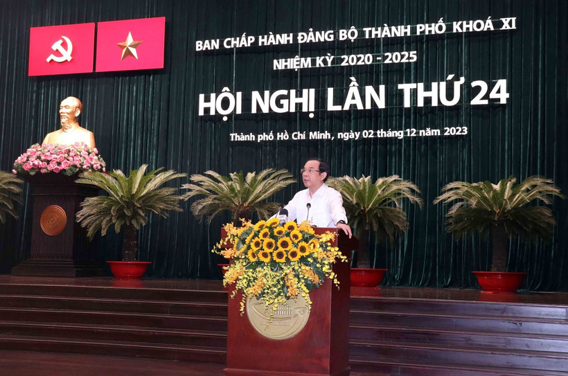 Bí thư Thành ủy Thành phố Hồ Chí Minh Nguyễn Văn Nên phát biểu tại hội nghị. (Ảnh: Xuân Khu-TTXVN)